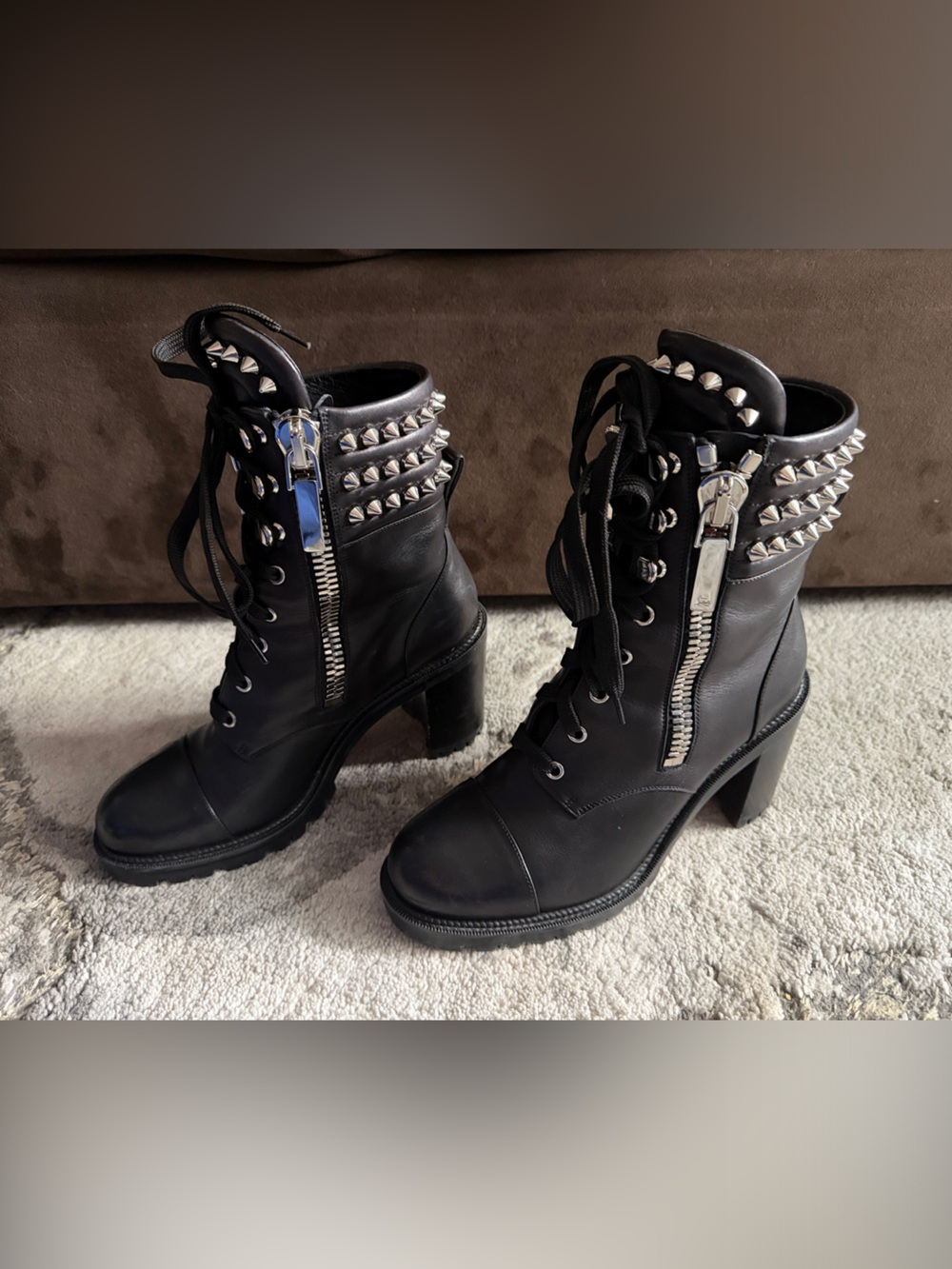 Christian Louboutin Black Studded Lace-Up Heeled Ankle Boots